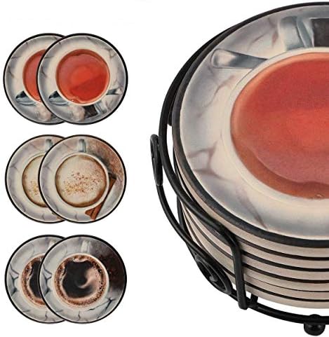 Zepru 6 Piece Set of Coasters - Absorbent Ceramic Drink Mats with Metal Holder & Cork Base - Decorative Coffee, Cappuccino & Tea Tray - Elegant Novelty Beverage Holder - Prevent Furniture Scratching