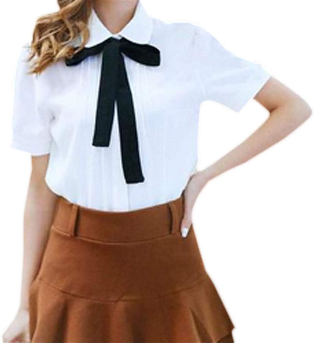 XWDA Women's Chiffon Peter Pan Collar Short Long Sleeve Bowknot Button Shirt Blouse