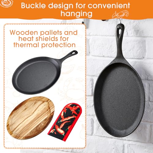 Lallisa 12 Sets Cast Iron Fajita Plate Set Fajita Plate Sizzler Pan with Wooden Tray Anti Scald Protection Hot Mitt Cast Iron Skillet Set for Home Barbeque Kitchen Party Restaurant Catering Service - Image 4