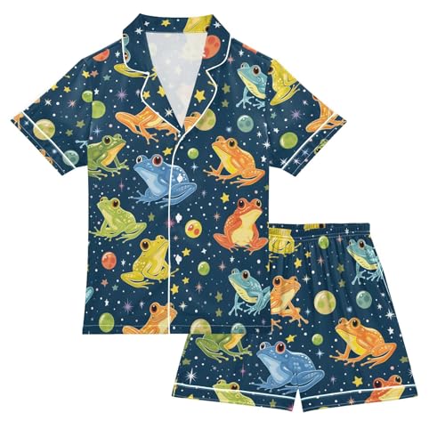ALAZA Colorful Frog Ball Star Pajamas Satin Pajama Set Short Sleeve Button Down Sleepwear