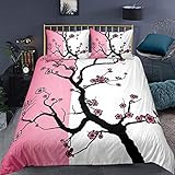 Japanese Bedding Set,Sakura Tree Cherry Blossom Duvet Cover Set Single,Drawing Design Contrasting Comforter Cover Colors Print Decorative 2 Piece with 1 Pillow Sham,Pink Black & Zippers Ties