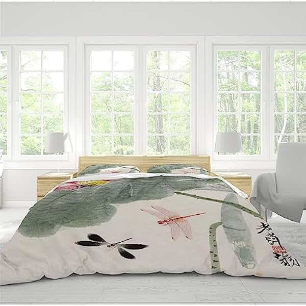LOTIKS Dragonfly Lotus Leaf Bedrukte dekbedovertrekset in Chinese stijl 1 dekbedovertrek 2 kussenslopen voelen superzacht aan, comfortabel 140 x 190 cm
