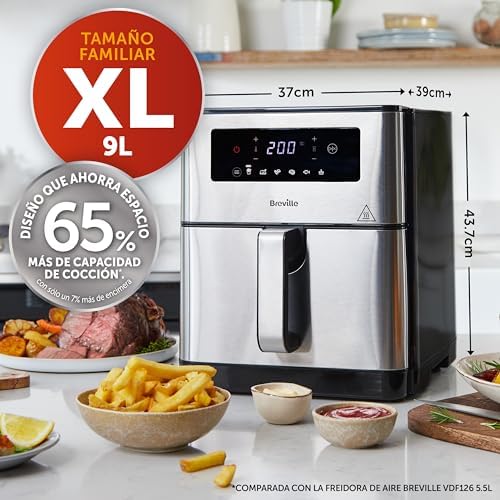 Breville Freidora de aire | Freidora de aire gran capacidad diseño compacto, digital de 9L | 1700W de potencia para unos resultados rápidos | 50% más de eficiencia energética | [VDF131X] | Enchufe UE