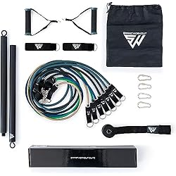Equipos De Musculacion SmartWorkout - Kit Profesional de Bandas de Resistencia para Musculación - Pack Completo de Fitness 19 Unidades, 7 Gomas Elasticas de 120 kg, Barra para elásticos, Asas, Anclaje de Puerta y Programa