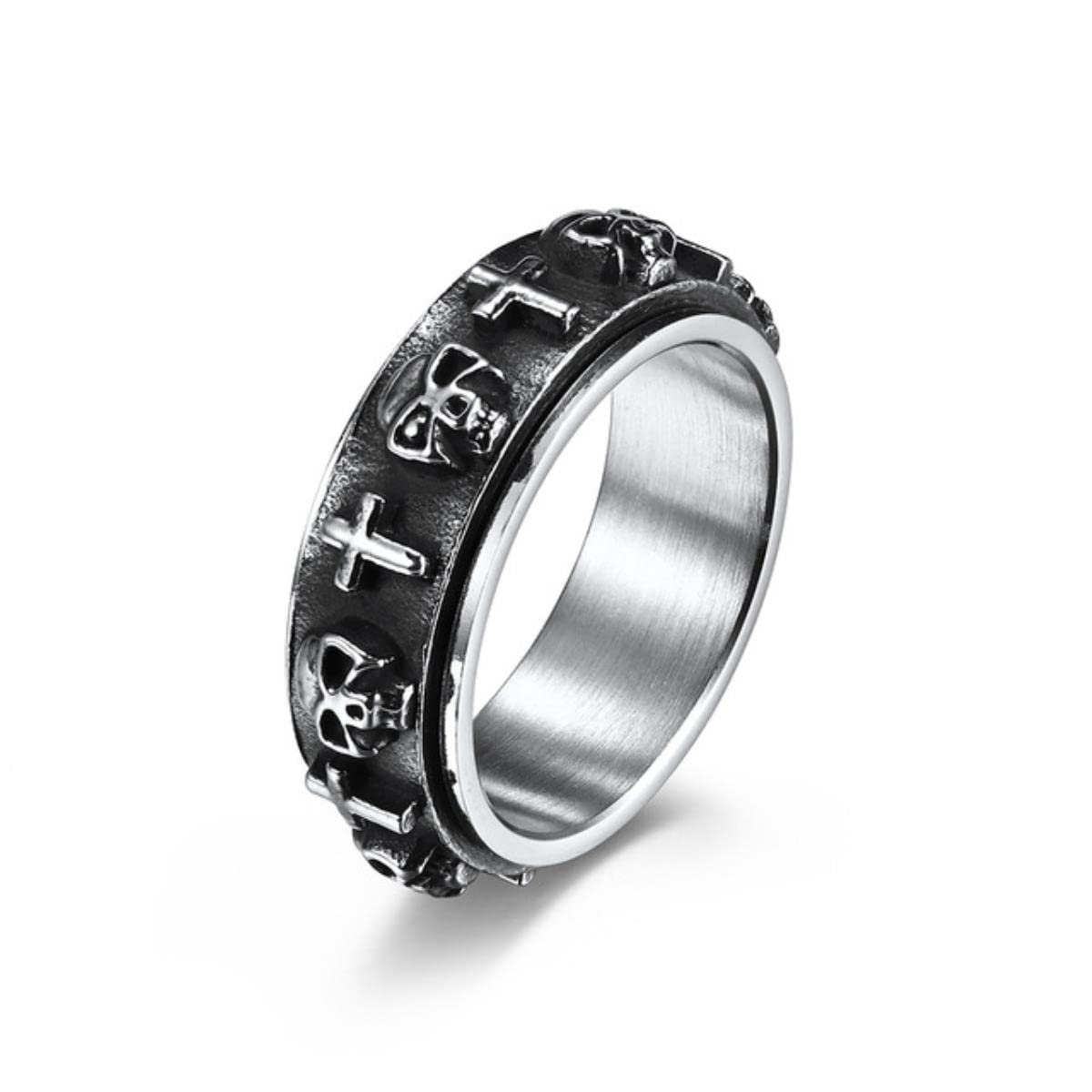 YAHOYA Men Hip Hop Punk Skull Cross Ring Titanium Rotatable Spinner Ring Black Good Color Jewelry