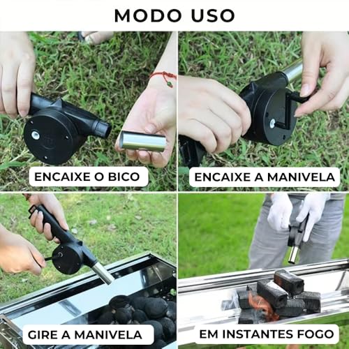 Soprador Acendedor Churrasqueira Lareira Carvão Manivela Manual Ventilador Brasa Fogo Rápido Leve E