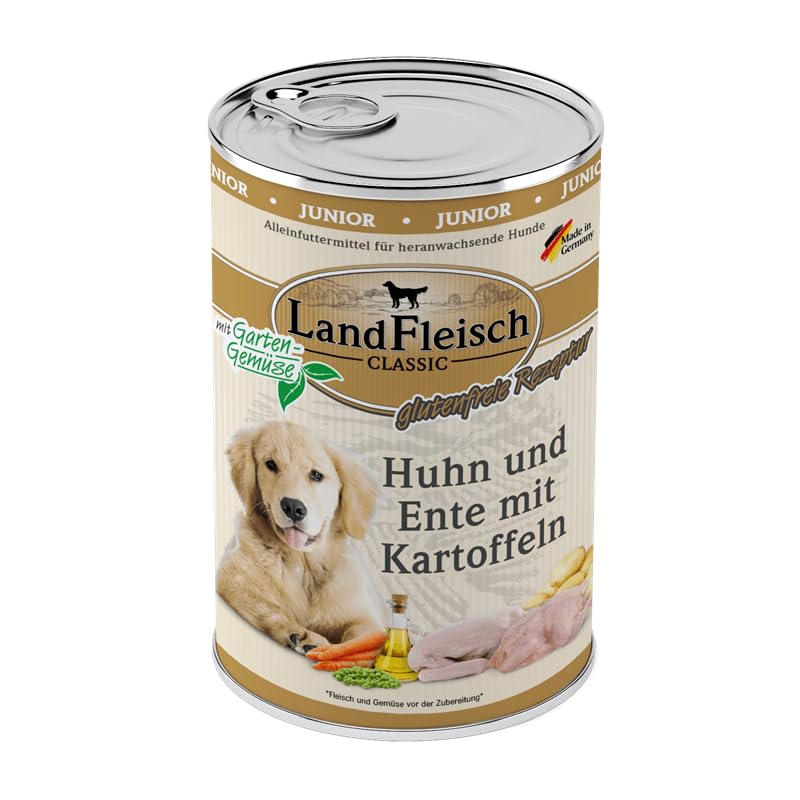 Landfleisch Classic Hundefutter Junior 6 x 400g | Huhn, Ente und Kartoffeln | Mit hochwertigem Fleisch, Rapsöl (Omega-3 & 6), ohne Gluten, Zucker, GVO & Soja | Nassfutter für heranwachsende Hunde