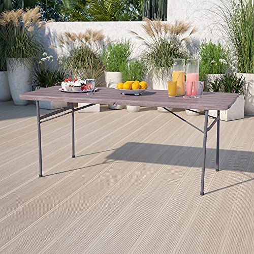 Photo 1 of (DENTED CORNERS) Flash Furniture 6-Foot Bi-Fold Brown Wood Grain Plastic Folding Table with Carrying Handle