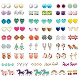 NEWITIN 52 Pairs Colorful Cute Stud Earrings Hypoallergenic Earrings Stainless Steel Earrings for Girls and Women