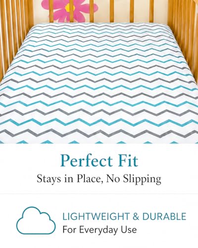 Image of Cottington Lane 100% Cotton Crib Fitted Sheet for Baby - Zig Zag Blue Print | Soft & Breathable Cradle /Cot Bedsheet with Elastic Fit | 52 x 28 x 6 Inches