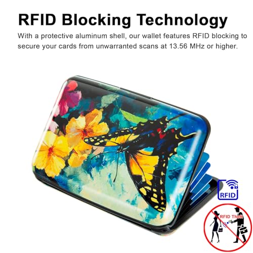 Image of Credit Card Holder, Metal Card Wallet RFID Blocking Mini Slim Aluminum Business Hard Card Case for Women Men (Flowers Butterfly)
