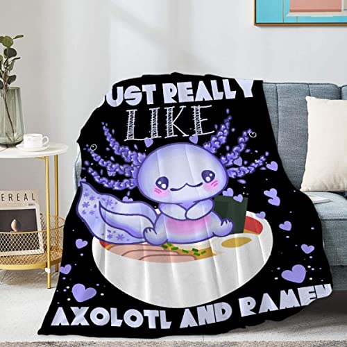 Homiehug I Just Really Like Axolotl and Ramen Soft Blanket Flannel Cozy Fuzzy Cute Animal Throws for Nap Bed Couch Home Decor Tapestries Child Gifts All-Seasons 90