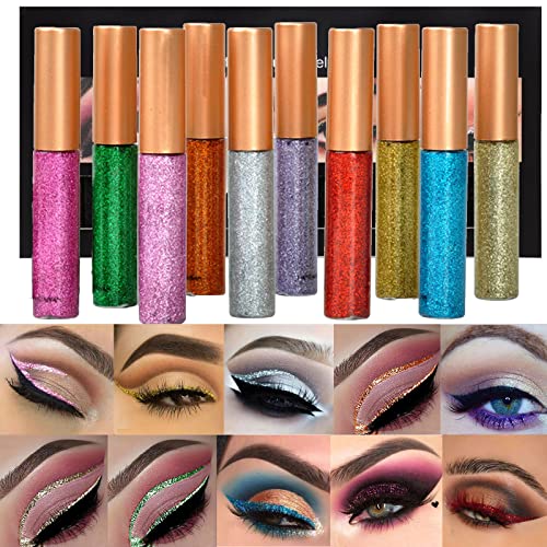 Glitter Eyeliner Liquid, Liquid Eyeliner Colorful Set, 10 Colors Liquid Glitter Eyeliner, Glitter Liquid Eyeshadow Set, Shimmer Sparkling Neon Eye liners for Women, Glitter Eyeliner Pencil