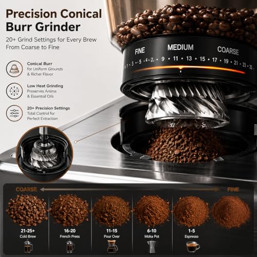 Image of Coffee Machine with Grinder for Home, 20 Bar Automatic Coffee Machine Bean to Cup, Barista Style Coffee Maker with Milk Frother Wand, Professional Espresso Maker for Office