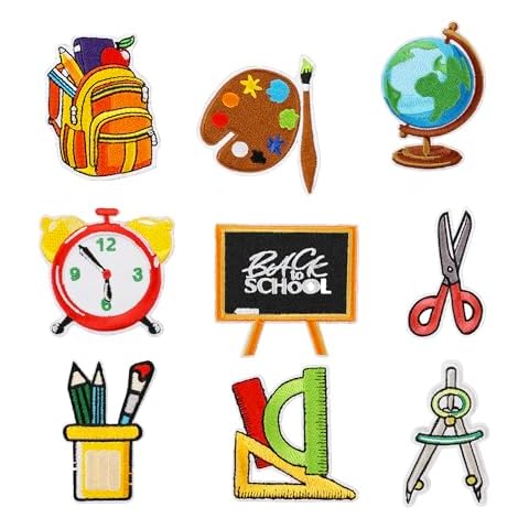 Back to School Iron On Patches for Kids, 9pcs Cute Stationery Embroidered Appliques for Decoration, Sew On Colorful Assorted Patches for Clothing Backpacks Hats Pants Jackets. Cover