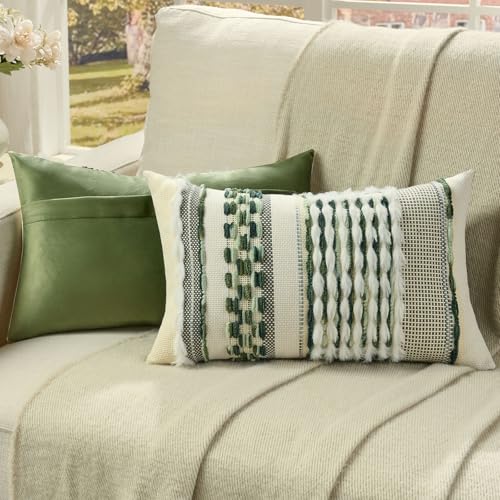 FUTEI Pack of 2 Boho Chenille Decorative Throw Pillow Covers 12x20 Inch Soft Plush Tufted Striped Textured Pillow Case,Farmhouse Accent for Couch Bed Living Room, Green by FUTEI - Used condition - Image 4