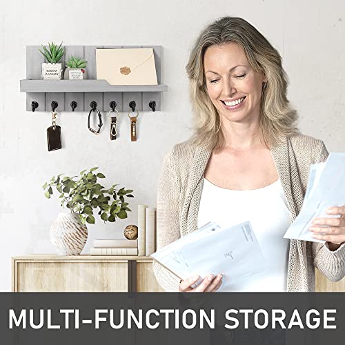 Rebee Vision Decorative Key And Mail Holder For Wall - Farmhouse 15 Inches Floating Shelf With 7 Sturdy Key Hooks For Home Entryway Wall Decor - Rustic Key Racks (Gray) #TOP2