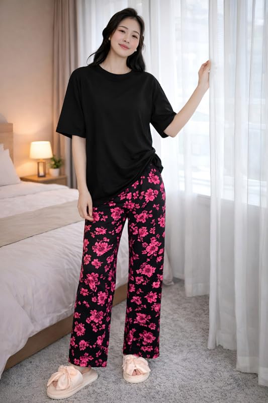 Image of KSHS Printed Round Neck Short Sleeve Nightsuit Set | Pajama Set | Casual Night Dress for Women