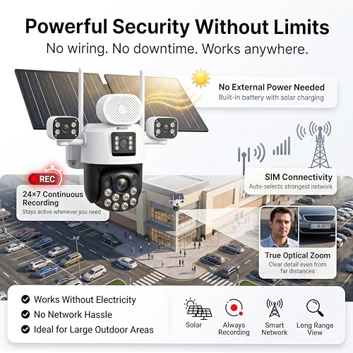 Image of V66H 4G Solar Security Camera with 4 Lens, 20X Zoom, AI Human Tracking, 31200mAh Battery, Dual Light Full Color Night Vision, Two Way Audio, Motion Detection, Outdoor Waterproof Surveillance Camera