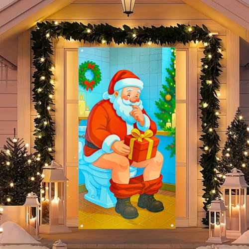 Image of BlissYard Holiday Door Cover Santa Wrapped Box 35x71 Inch Polyester