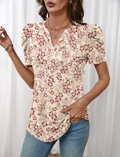 Image of LOMON Spring Summer Tops for Women 2026 V Neck Puff Short Sleeve Tops Fashion Trendy Work Blouses Dressy Casual S-XXL