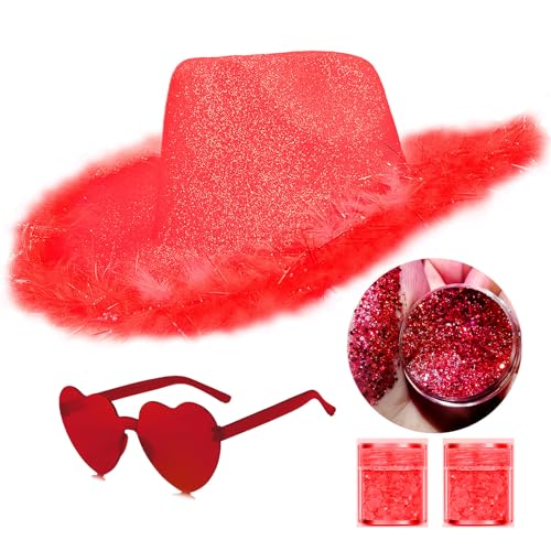 Image of SHENYI Glitter Cowgirl Hat with Heart Sunglasses Body Glitter Face Glitter Cowboy Hat for Women Men Music Festival Party