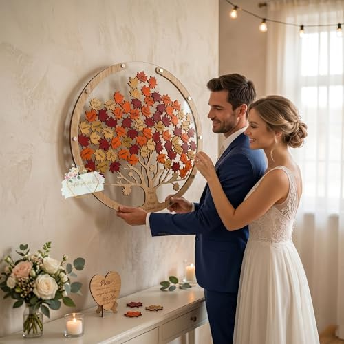 Image of Personalized Maple Tree Wedding Guest Book Alternative, Fall Leaf Drop Box | Fall autumn maple leaf tree drop box guest book, alternative wedding reception sign in keepsake for bride groom