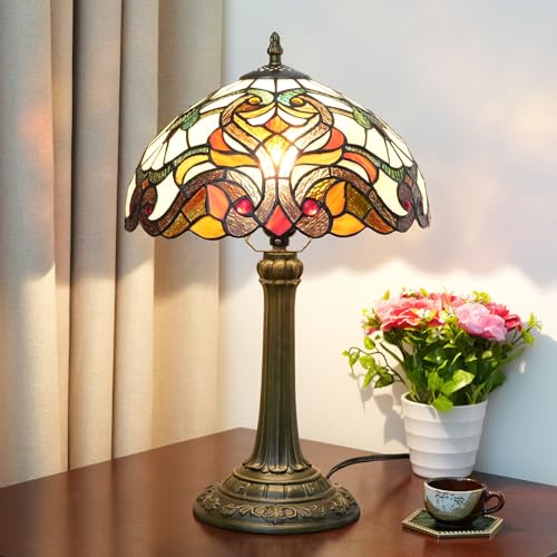 AIBOTY Lampe de Table Baroque de 12 Pouces, Lampe de Lecture de Bureau en vitrail Vert Jaune Beige de Style Tiffany Vintage, Lampe de décoration de Bureau de Chevet de Chambre à Coucher,G
