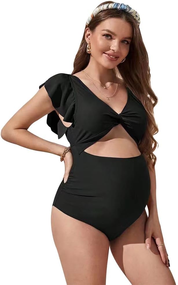 DeminxitaYKingder Ruffle Ribbed Maternity Swimsuit One Piece High Waisted Pregnancy Bathing Suits Push Up Swimwear