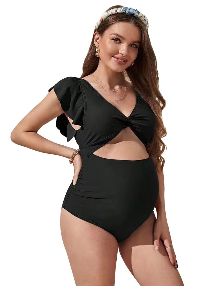 DeminxitaYKingder Ruffle Ribbed Maternity Swimsuit One Piece High Waisted Pregnancy Bathing Suits Push Up Swimwear