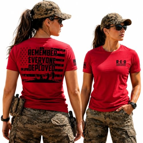 RED Friday US Military Shirt Remember Everyone Deployed Flag Sleeve Print American Pride Womens T-Shirt Red Small