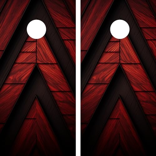 Pair of Waterproof Cornhole Board Wraps- Decals ONLY- Red and Black Wood Grain Triangle Design - Laminated - Easy to Apply