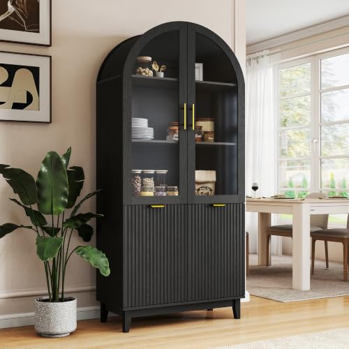 Image of Pamapic 71 inch Tall Arched Cabinet with Glass Doors, Fluted Kitchen Pantry Cabinet, Modern Wood Storage Cabinet with Adjustable Shelves, Curio Display China Cabinet for Dining Room, Living Room(Black)