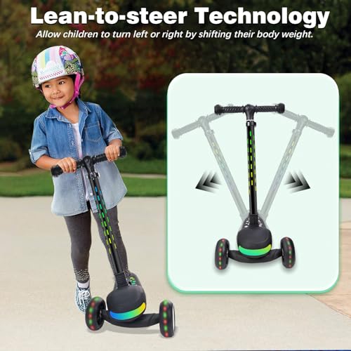 Light Up 3 Wheel Kick Scooter for Kids Toddlers with LED Sync Lights, Flashing Stem & Wide Polka Dot Deck Adjustable Height Music Function Safe Sturdy Folding Scooter for Kids (Black)