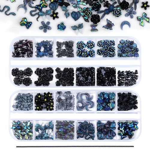 Kikonoke 2 Boxes 3D Flower Nail Charms Butterfly Bow Snake Rabbit Bear Shaped Nail Art Rhinestones Gems for DIY Nail Art Decoration Making Craft (Black)