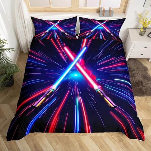 Parure de lit 3 pièces avec housse de couette et 2 taies d'oreiller pour enfants, adolescents, garçons et filles, motif sabre laser, lignes géométriques...