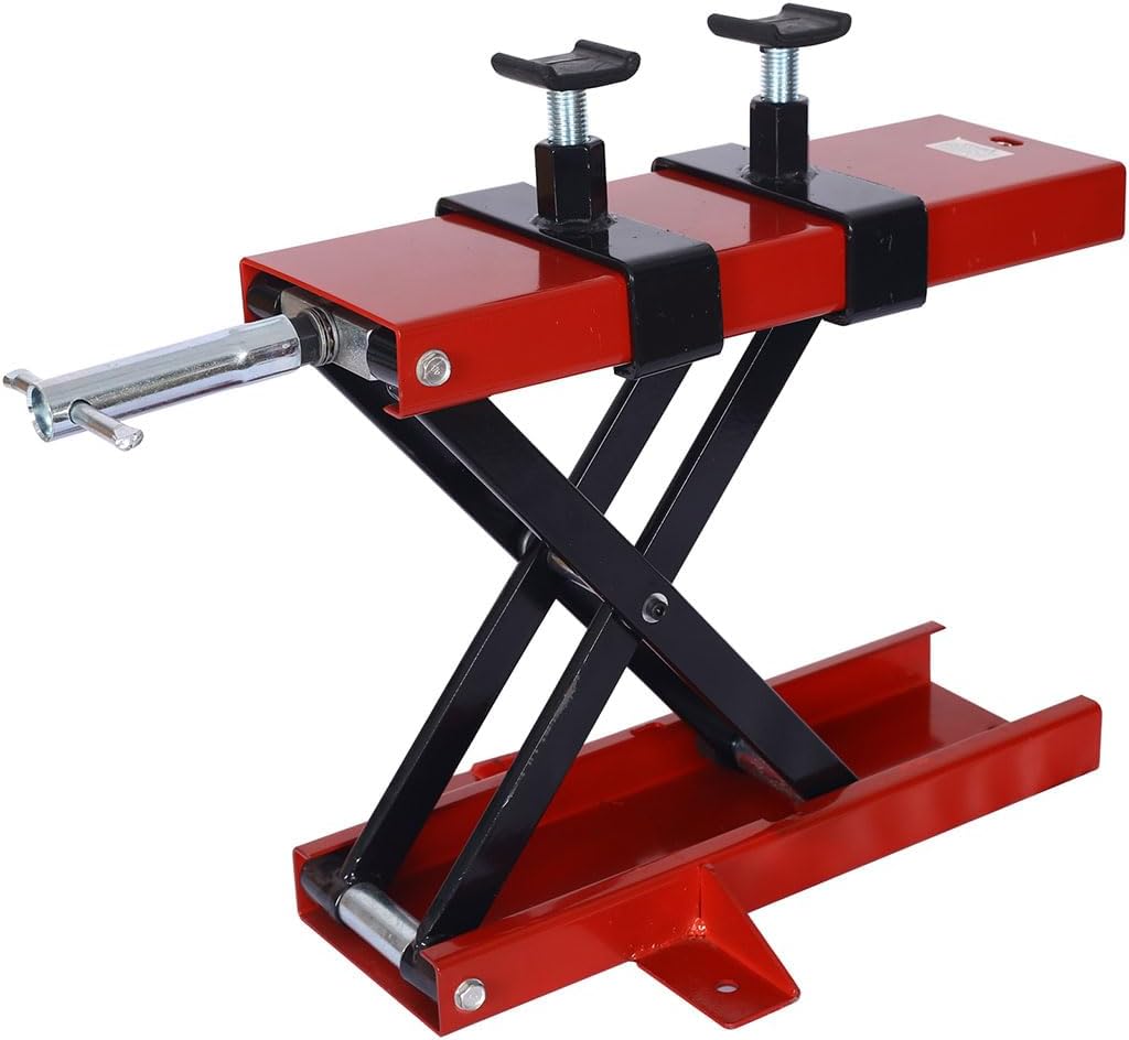 Motorcycle Scissor Lift Jack Hoist Stand 1100lbs, Height Adjustable Steel Center Lifting Crank Bracket with Saddle and Pins for Off-Road Vehicles and Adventure Motorcycles