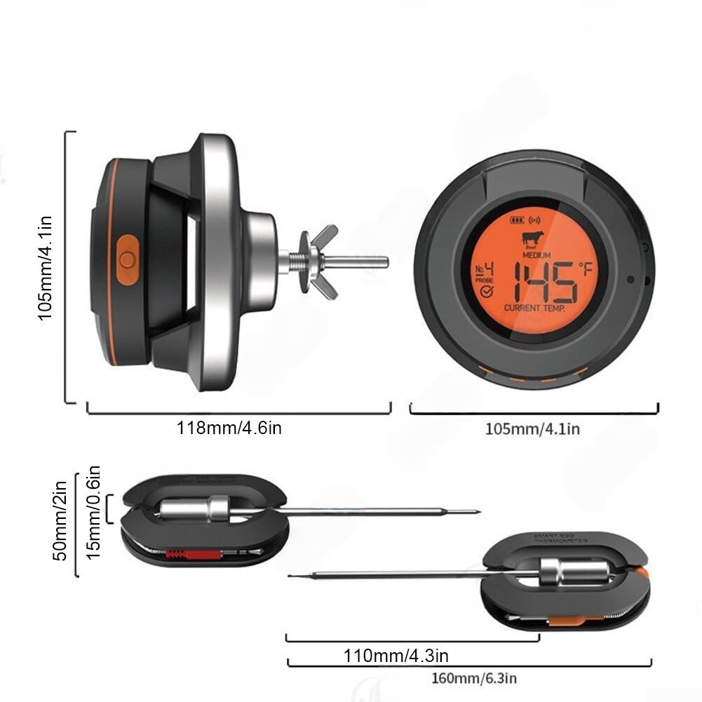Drahtloses Grill-Thermometer, 4 Sonden, Smart-App-Steuerung, 29,9–59,7 m Reichweite für Grillfleisch, Ofen, Küche, Digitalanzeige (Thermometer + 2 Sonden)
