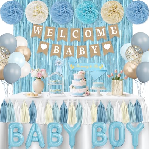 Dusty Blue Baby Shower Decorations Set with Welcome Baby Banner & Paper Fringe - Mom To Be Sash, Daddy To Be Badge, Light Blue Balloons, Paper Lantern, Pom Poms for Boy Gender Reveal Party Supplies