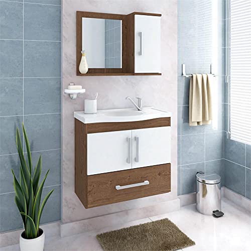 Gabinete De Banheiro 100% Mdf Atenas 65 Cm Com Espelho Amendoa/branco - Mgm