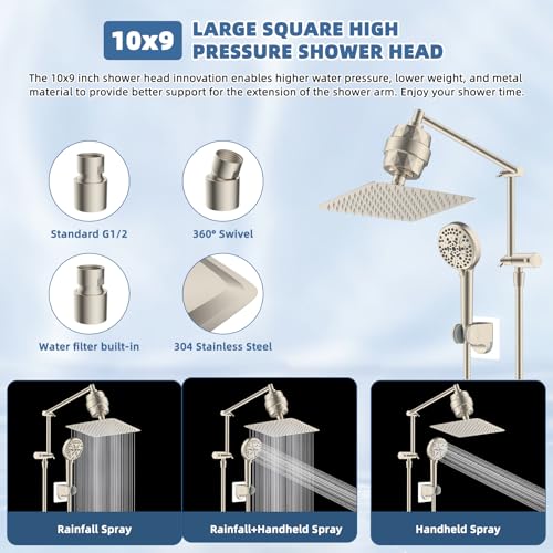 Image of Metal Rain Filtered Shower Head with Handheld, 10 inch High-Pressure,10-Mode | Brushed Nickel, Rainfall Showerhead with 5 inch Handheld Powerful Wash, Adjustable 16 inch Extension Arm /71 inch Hose, 20-Stage Filter