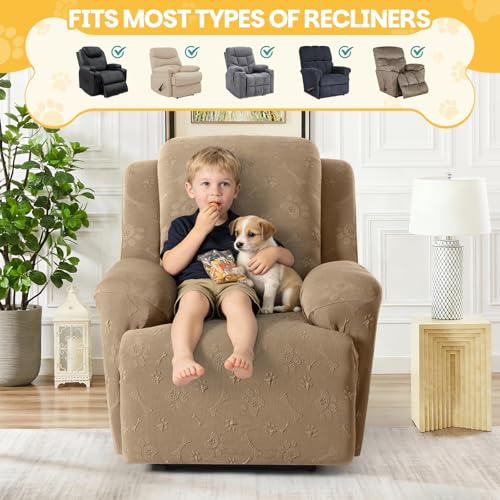 Ruaozz Recliner Chair Covers, 4-Pieces Recliner Covers Washable Stretch Reclining Chair Slipcovers with Elastic Bottom Non Slip Furniture Protector with Pockets for Dogs Pets (1 Seat, Light Coffee) — view 5