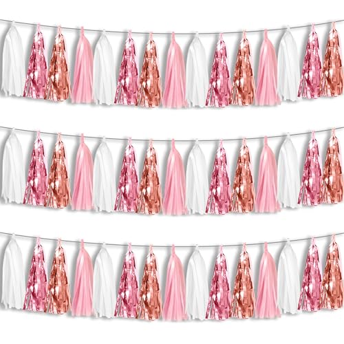 3P Pink White Peach Rose Gold Tassels Foil Fringe Metallic Garland Banner, Tassels Banner Streamers for Parade Floats, Bachelorette, Wedding, Birthday, Christmas, Bridal/Baby Shower Party Decorations