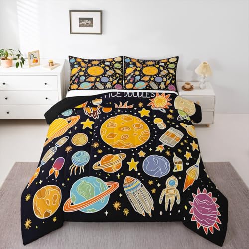 Image of Feelyou Outer Space Comforter Set Queen, Solar System Bedding Set for Kids Planet Solar System Comforter Boys Girls Educational Duvet Set with 2 Pillow Case