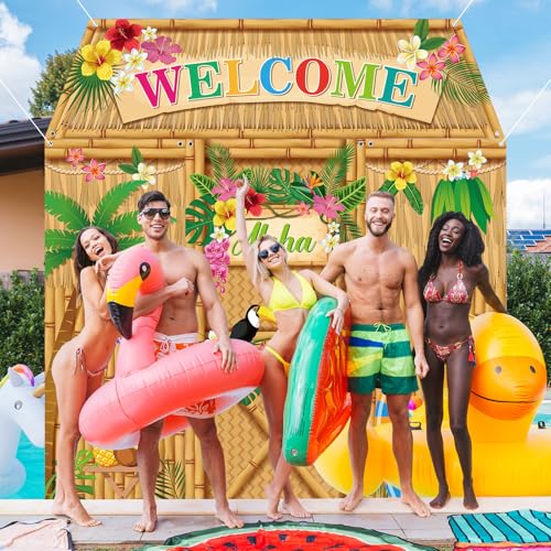 Image of VitalCozy 4 Pcs Hawaiian Party Decorations Aloha Door Covers Summer Tropical Aloha Luau Backdrop Hanging Banner Porch Sign for Indoor Outdoor Decorations Summer Birthday Party Photo Backdrop