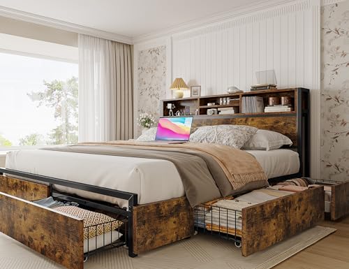 Image of EnHomee Queen Bed Frame with 6 Storage Drawers, Charge Station,Noise-Free