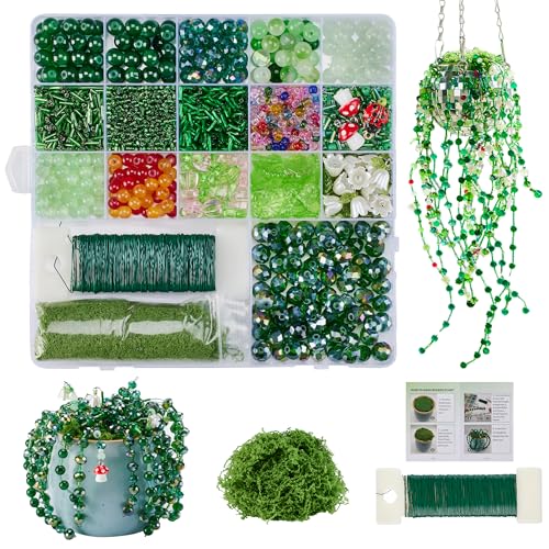 Green Glass Beaded Plant Kit Forever Plant Beaded Leaf Flower Beads for Succulent Plant Jewelry Making and DIY Crafts
