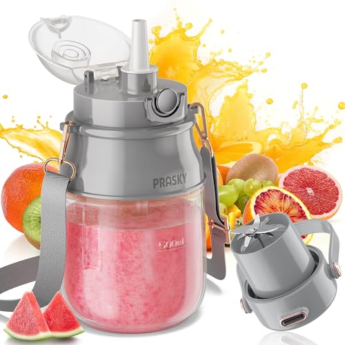 Image of Portable Blender, Prasky Personal Blenders for Shakes and Smoothies with 27oz Cup, Lid and Shoulder Strap, Type-C USB Rechargeable, Personal Size Blenders BPA-free for Travel /Kitchen (Gray)
