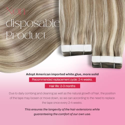 Moresoo Highlighted Tape in Extensions Human Hair Seamless Hair Extensions Tape in Light Brown Highlighted with Blonde Glue in Hair Extensions Real Human Hair 18 Inch #P9A/60 20pcs 50g - Image 4