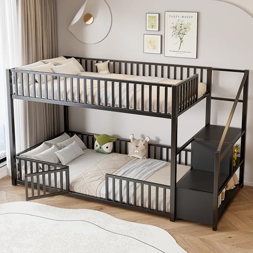 Image of Bellemave Metal Bunk beds Twin Over Twin with Guardrail and Storage Stairs, Floor bunk Bed with guardrail for Kids, Black